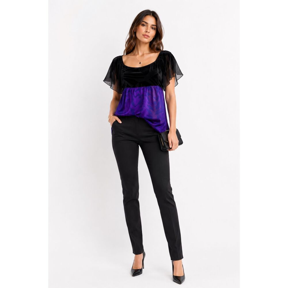 Black Silk Tunic Top Mint Condition NEW Purple Print Lux Babydoll Short Sleeve 8